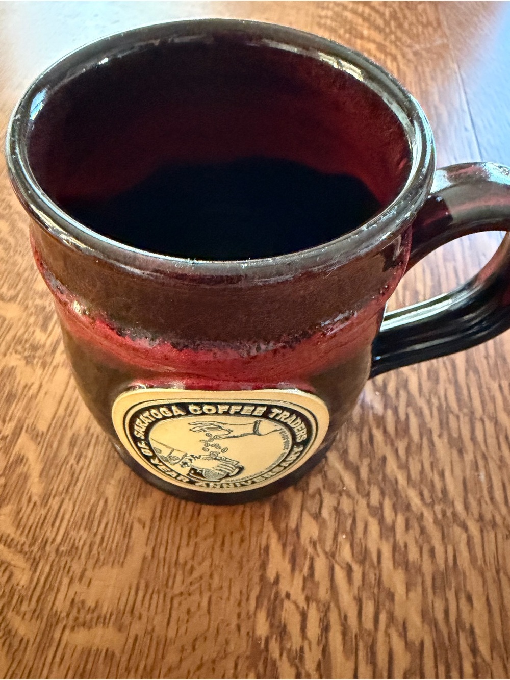 Saratoga Coffee Traders Handcrafted Red and Brown Ceramic Mug